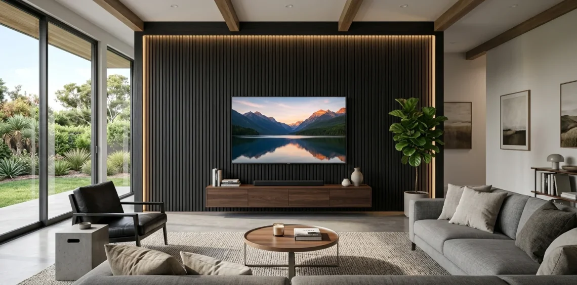 Modern living room featuring a textured black TV wall panel design with warm LED backlighting and a sleek flat screen TV.