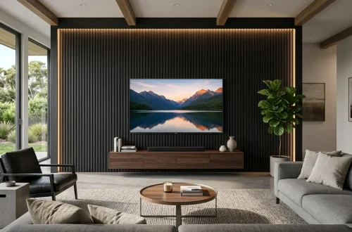 Modern living room featuring a textured black TV wall panel design with warm LED backlighting and a sleek flat screen TV.