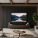 Modern living room featuring a textured black TV wall panel design with warm LED backlighting and a sleek flat screen TV.