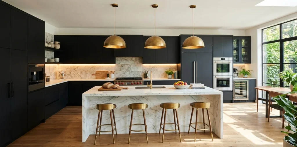 Modern kitchen interior featuring matte black cabinets and oversized brass dome pendant lights over a white marble island.