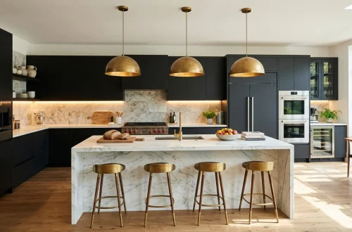 Modern kitchen interior featuring matte black cabinets and oversized brass dome pendant lights over a white marble island.