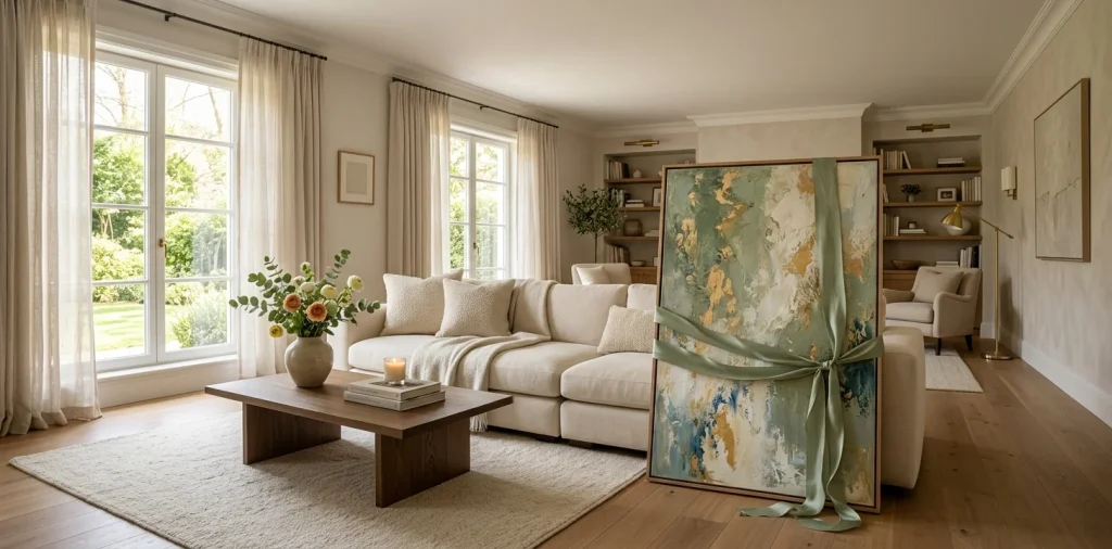Beautiful wrapped timeless art for Mother's Day resting on a coffee table in a modern elegant living room
