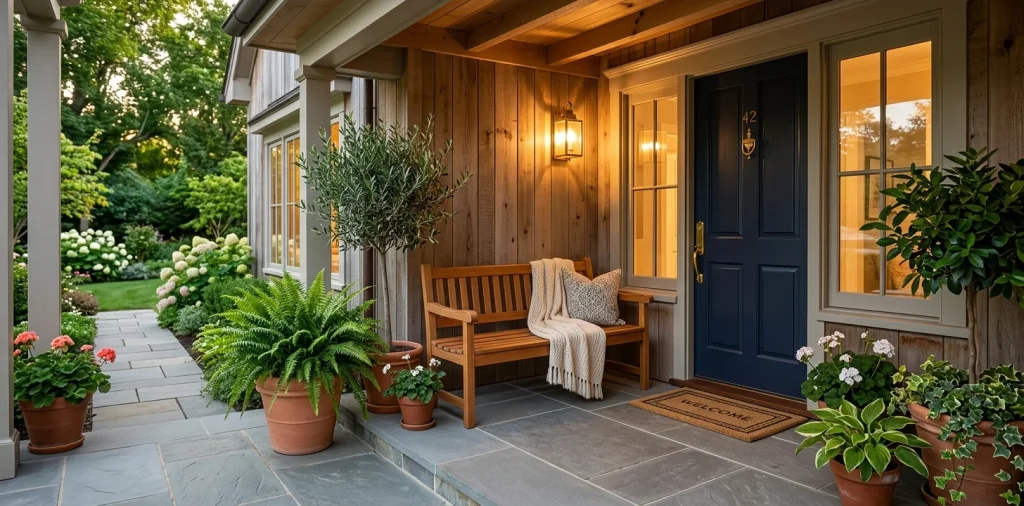 Beautifully styled small front porch featuring a sleek bench, potted plants, and a dark navy door.