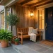 Beautifully styled small front porch featuring a sleek bench, potted plants, and a dark navy door.