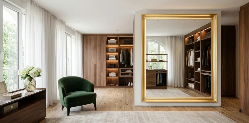Wide view of a modern luxurious dressing room with a clean glowing floor mirror and rich wood cabinets.