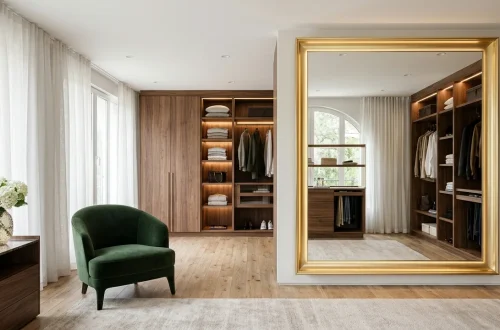 Wide view of a modern luxurious dressing room with a clean glowing floor mirror and rich wood cabinets.