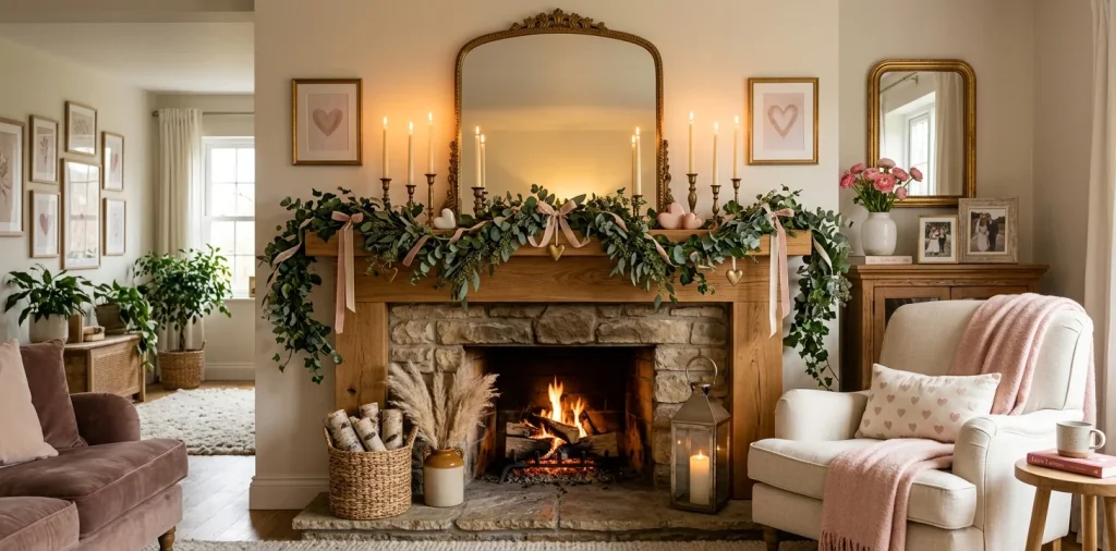 Beautifully layered Valentine's Day mantel decor featuring blush pink accents, glowing candles, and lush greenery.