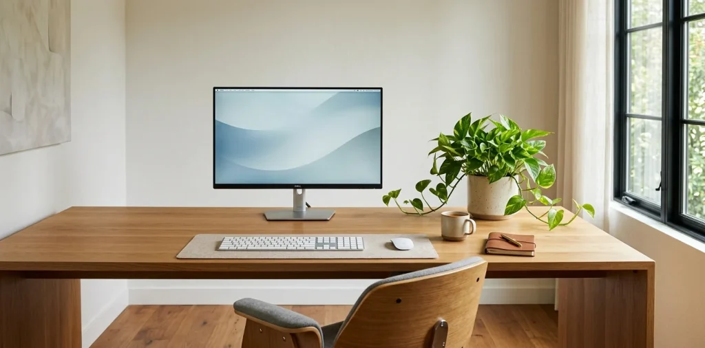 Aesthetic minimalist desk setup with oak wood and zero visible cables bathed in soft natural sunlight.