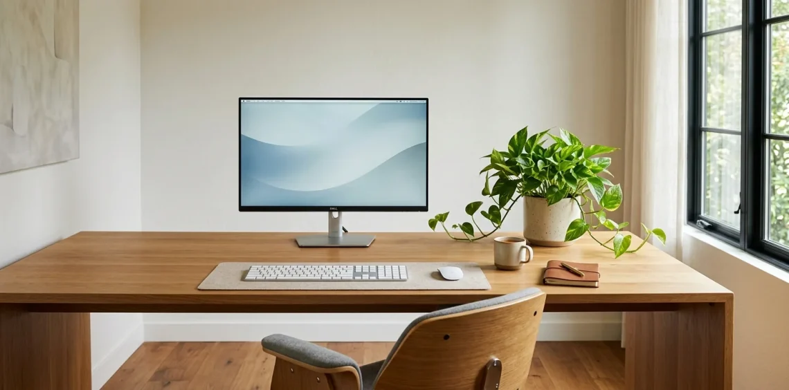Aesthetic minimalist desk setup with oak wood and zero visible cables bathed in soft natural sunlight.