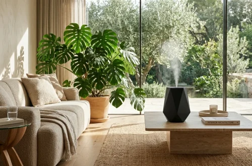 A modern aesthetic room humidifier on a travertine table in a stylish living room