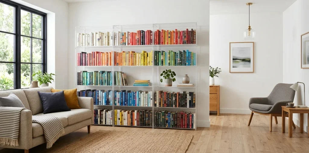 Clear acrylic bookcase in a bright small living room showcasing colorful books.