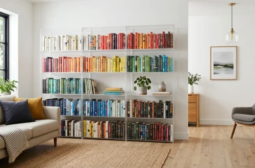 Clear acrylic bookcase in a bright small living room showcasing colorful books.