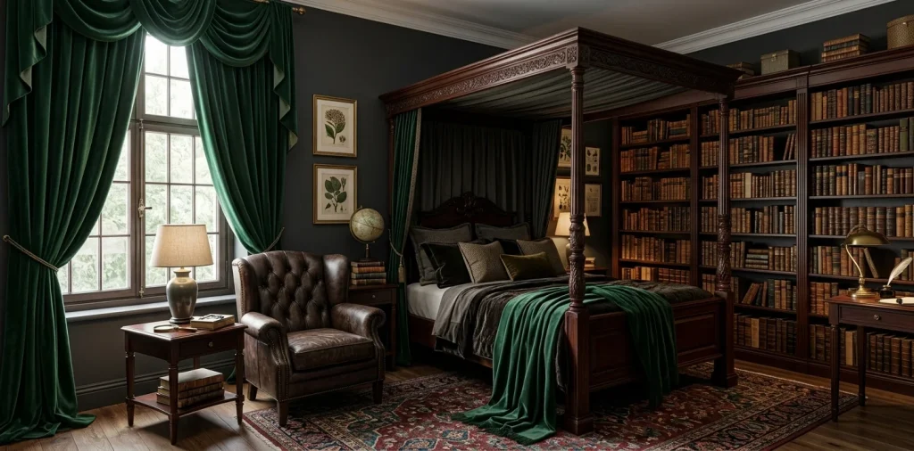 Luxurious dark academia bedroom featuring stunning emerald green velvet curtains, dark walls, and vintage decor.