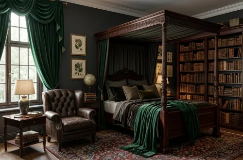 Luxurious dark academia bedroom featuring stunning emerald green velvet curtains, dark walls, and vintage decor.