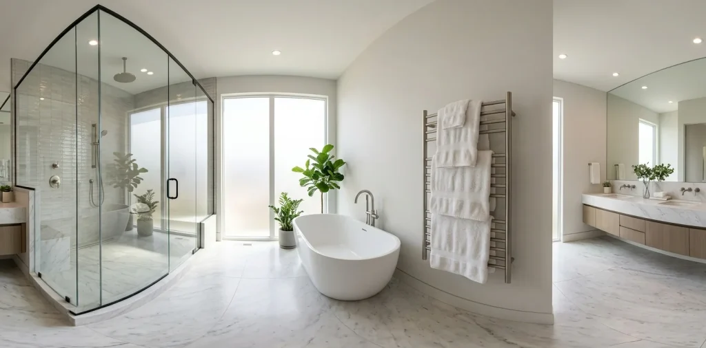 Luxurious master bathroom featuring a modern freestanding towel warmer holding white towels next to a glass shower
