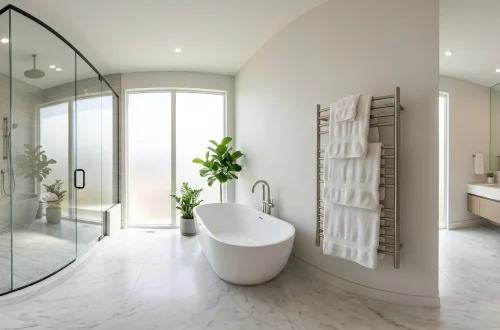 Luxurious master bathroom featuring a modern freestanding towel warmer holding white towels next to a glass shower