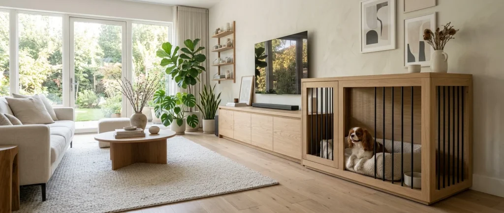Sleek white oak media console serving as a modern minimalist dog crate in a bright living room.