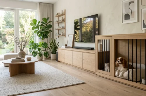 Sleek white oak media console serving as a modern minimalist dog crate in a bright living room.