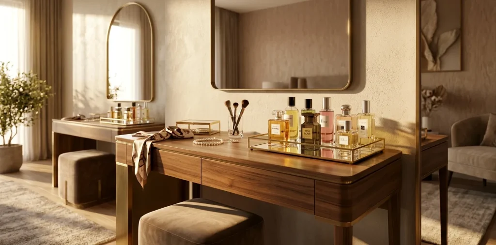 Luxurious mirrored vanity tray displaying elegant perfume bottles on a modern bedroom dresser
