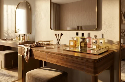 Luxurious mirrored vanity tray displaying elegant perfume bottles on a modern bedroom dresser