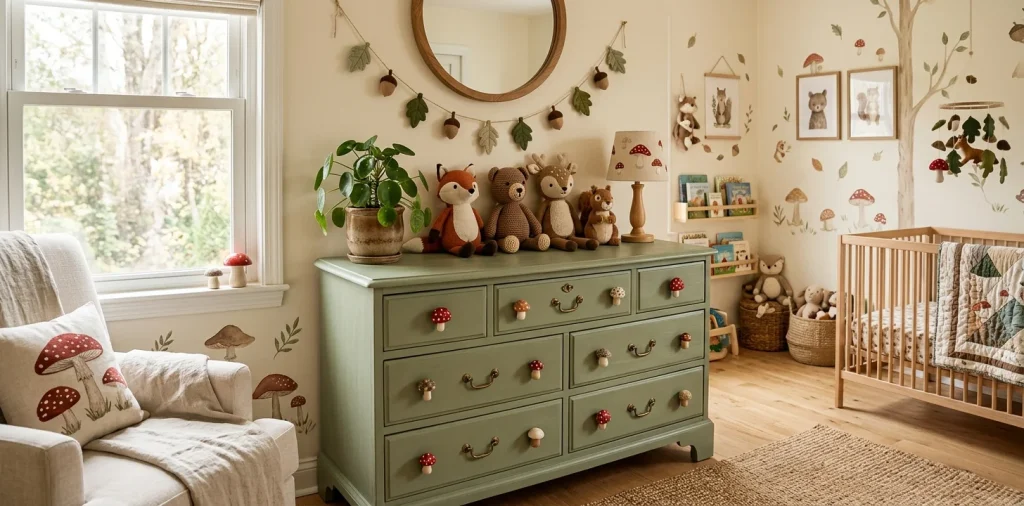 Sage green nursery dresser with cute mushroom shaped hardware knobs in a woodland themed room