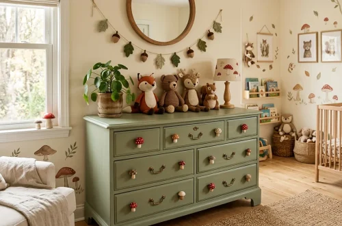 Sage green nursery dresser with cute mushroom shaped hardware knobs in a woodland themed room