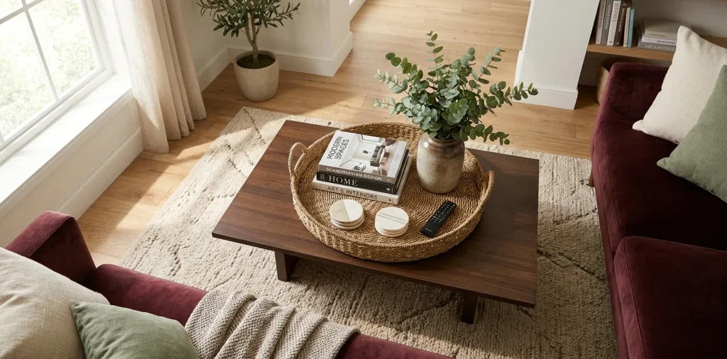 Styled living room coffee table featuring a woven seagrass tray organizing books, remotes, and plants.