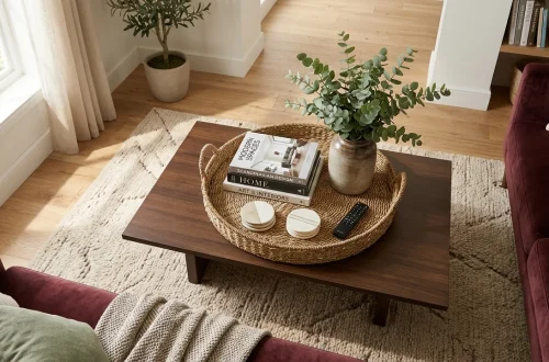 Styled living room coffee table featuring a woven seagrass tray organizing books, remotes, and plants.