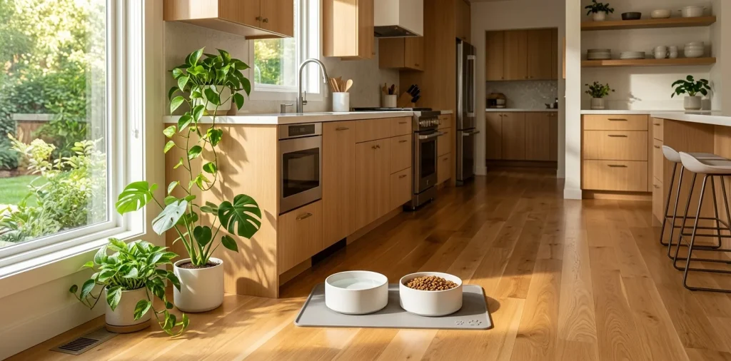 Aesthetic white ceramic pet water bowl sitting on a hardwood floor in a modern sunlit kitchen interior.