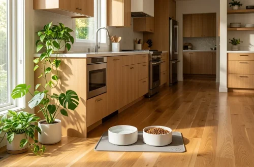 Aesthetic white ceramic pet water bowl sitting on a hardwood floor in a modern sunlit kitchen interior.