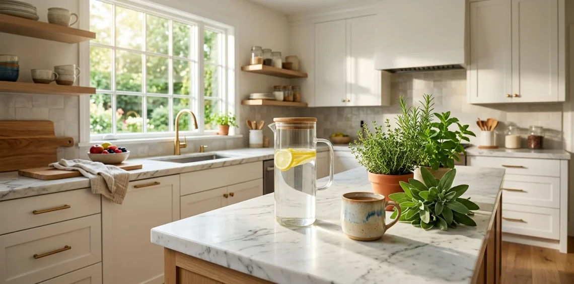 Elegant minimalist glass water pitcher with bamboo lid sitting on a bright marble kitchen counter in morning sunlight.