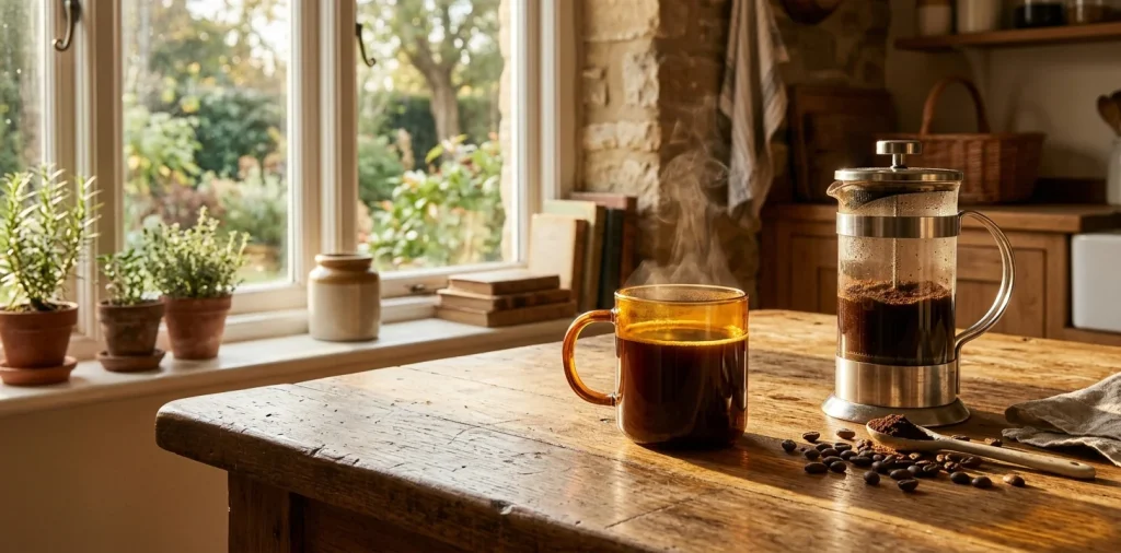 Warm sunlight shines through a vintage amber glass coffee mug on a rustic wooden table.