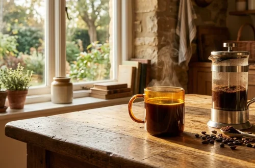Warm sunlight shines through a vintage amber glass coffee mug on a rustic wooden table.