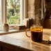 Warm sunlight shines through a vintage amber glass coffee mug on a rustic wooden table.