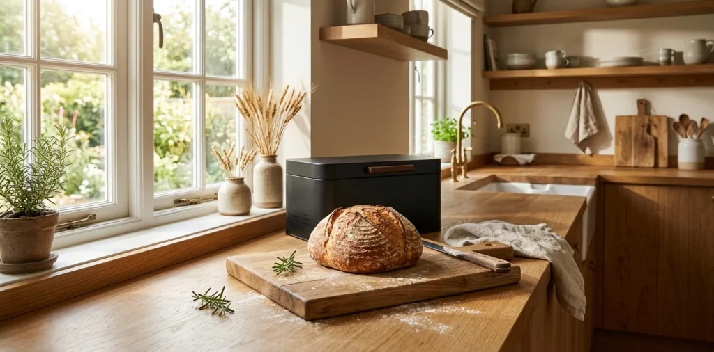 Elegant artisan bread bin next to a fresh sourdough loaf on a warm kitchen counter
