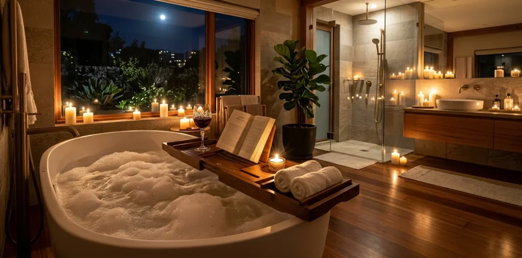 Wide banner of a modern bathtub with a bamboo bath caddy and lit candles for a relaxing spa night.