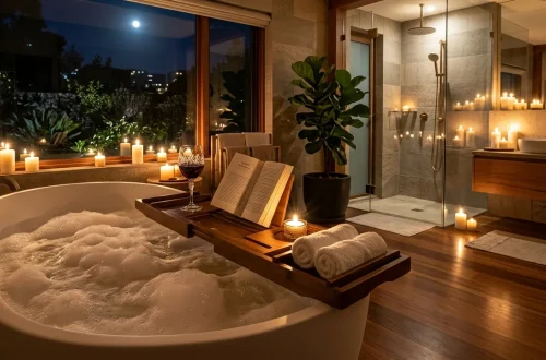 Wide banner of a modern bathtub with a bamboo bath caddy and lit candles for a relaxing spa night.