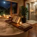 Wide banner of a modern bathtub with a bamboo bath caddy and lit candles for a relaxing spa night.