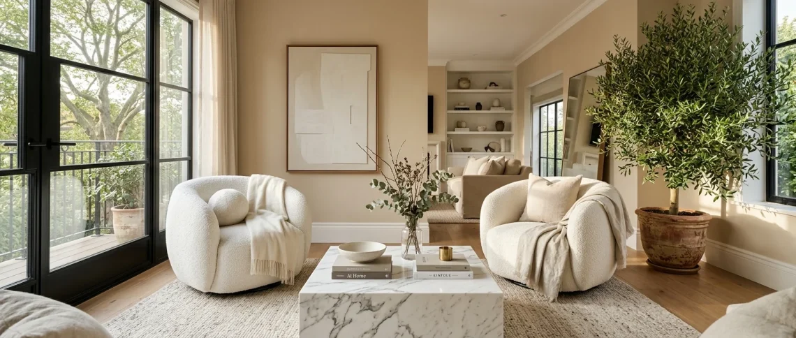 Wide landscape of two affordable luxury white bouclé accent chairs in a modern minimalist living room.