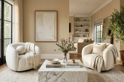 Wide landscape of two affordable luxury white bouclé accent chairs in a modern minimalist living room.
