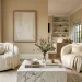 Wide landscape of two affordable luxury white bouclé accent chairs in a modern minimalist living room.