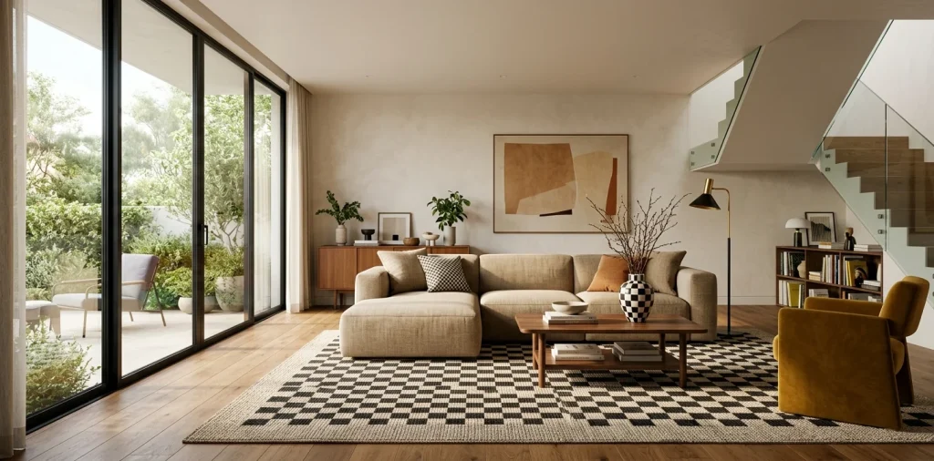 A wide view of a modern living room featuring subtle stylish checkerboard home decor accents and vibrant colors.