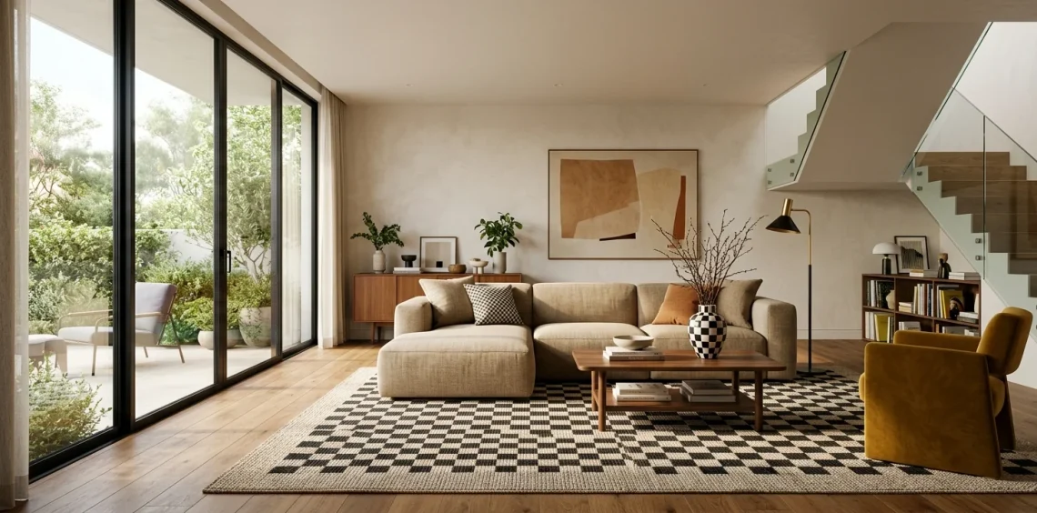 A wide view of a modern living room featuring subtle stylish checkerboard home decor accents and vibrant colors.