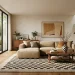 A wide view of a modern living room featuring subtle stylish checkerboard home decor accents and vibrant colors.