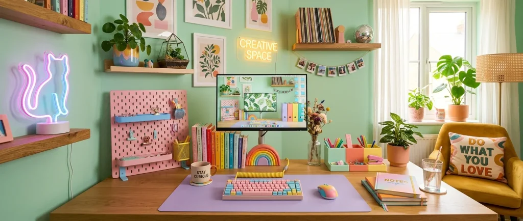 Colorful home office desk featuring dopamine decor accessories like pastel organizers and a retro keyboard.