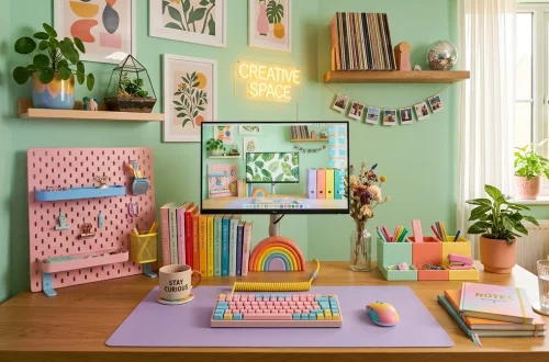 Colorful home office desk featuring dopamine decor accessories like pastel organizers and a retro keyboard.