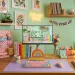Colorful home office desk featuring dopamine decor accessories like pastel organizers and a retro keyboard.