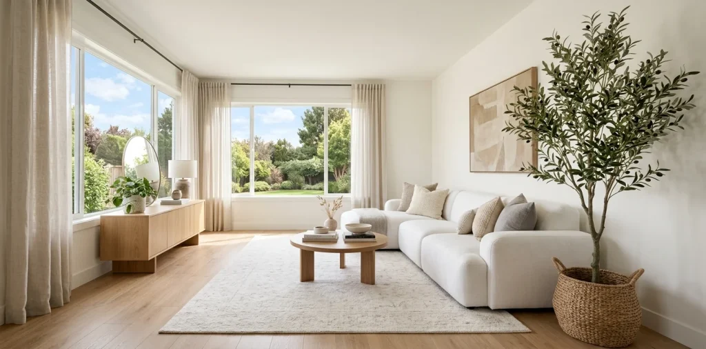 A highly realistic faux olive tree styled in a woven basket next to a modern sofa in a bright living room
