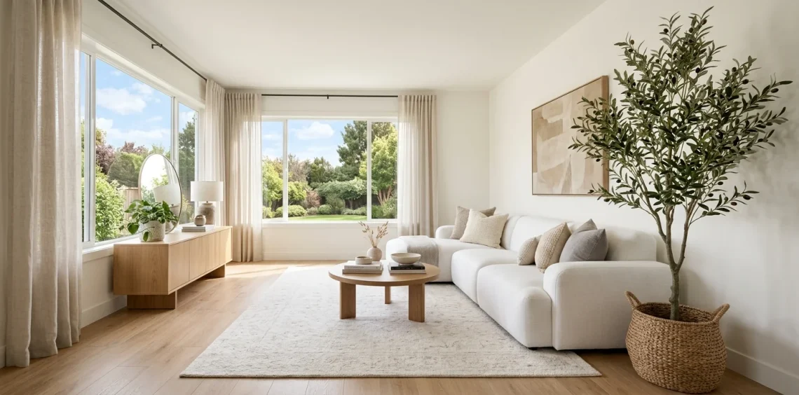 A highly realistic faux olive tree styled in a woven basket next to a modern sofa in a bright living room