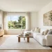 A highly realistic faux olive tree styled in a woven basket next to a modern sofa in a bright living room
